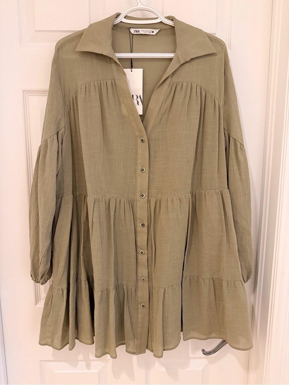 Zara - Olive Green Button Front Tiered Smock Mini Dress